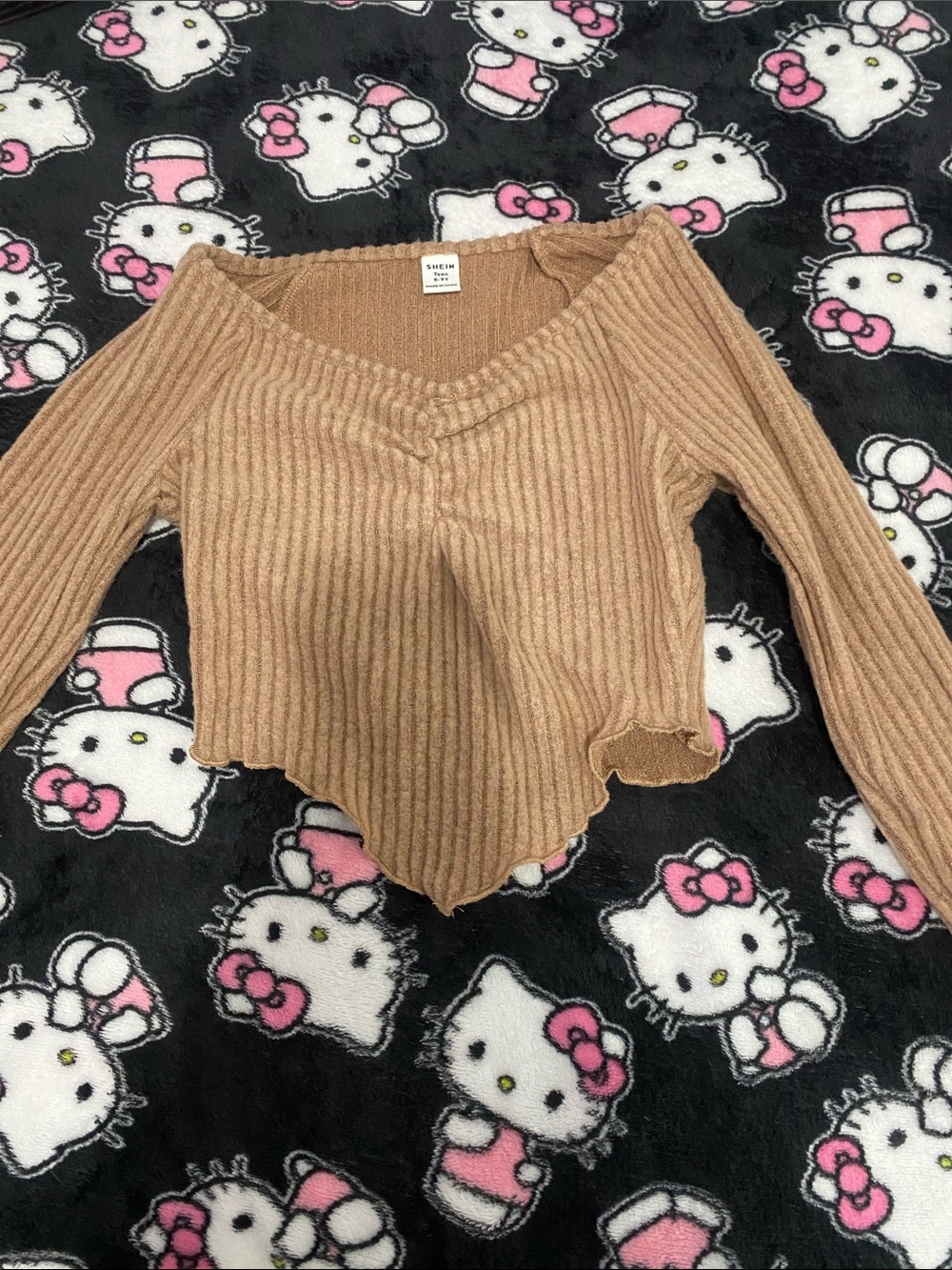 SHEIN Ribbed Off-Shoulder V-Neck Sweater in Camel